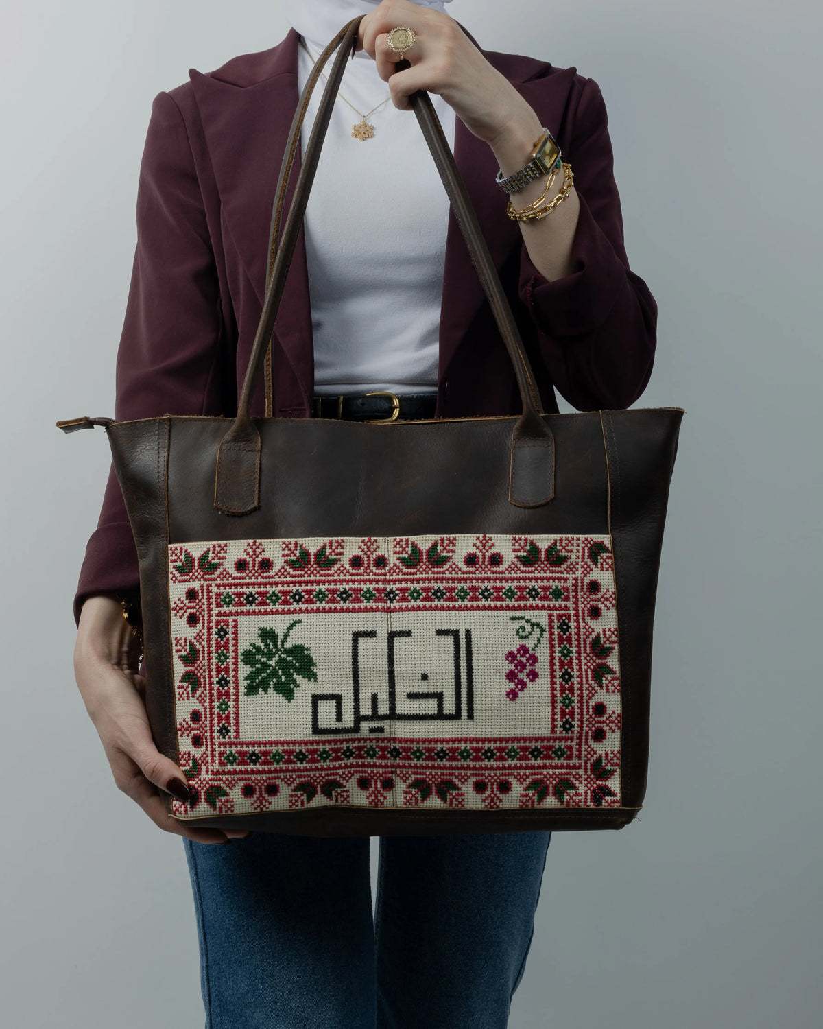 Brown Leather Embroidered Tote Bag