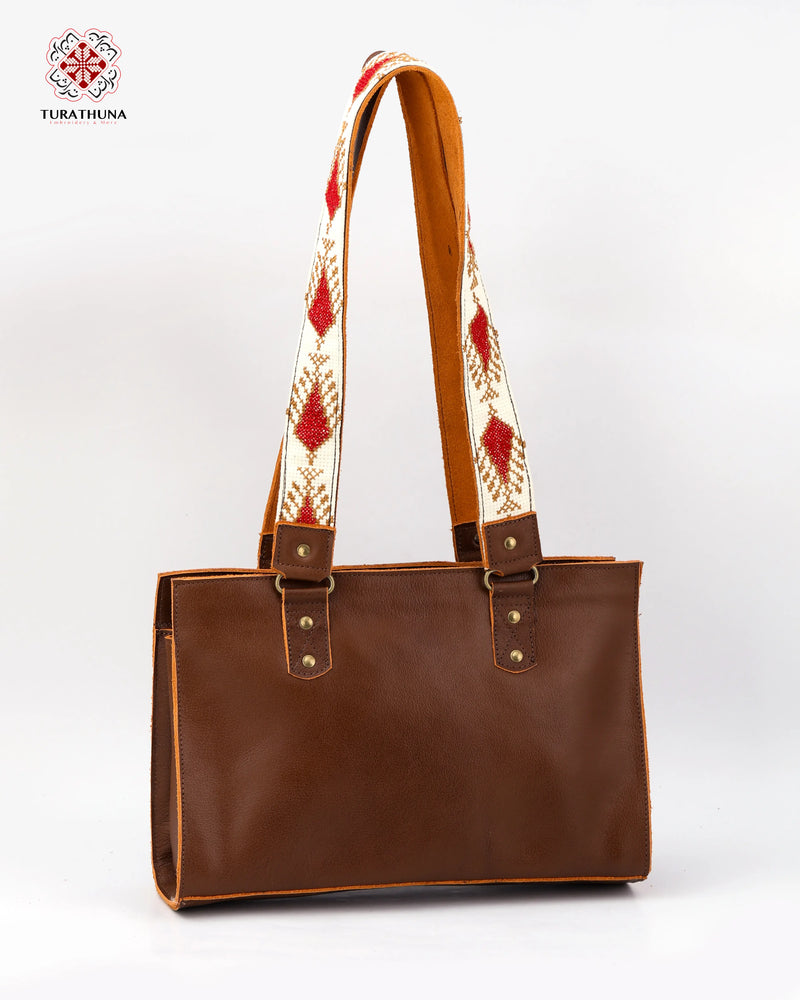 Honey Leather Shoulder Bag with Red Diamond Tatreez