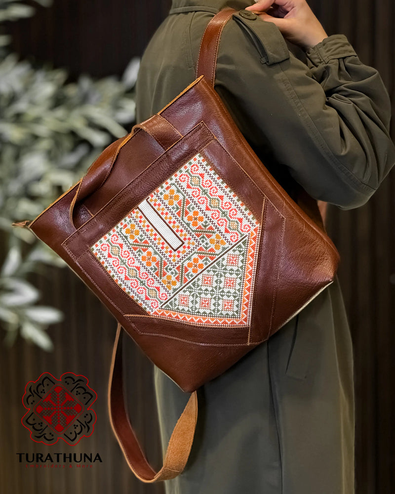 Honey Leather Tote Bag with Orange Geometric Diamond Tatreez
