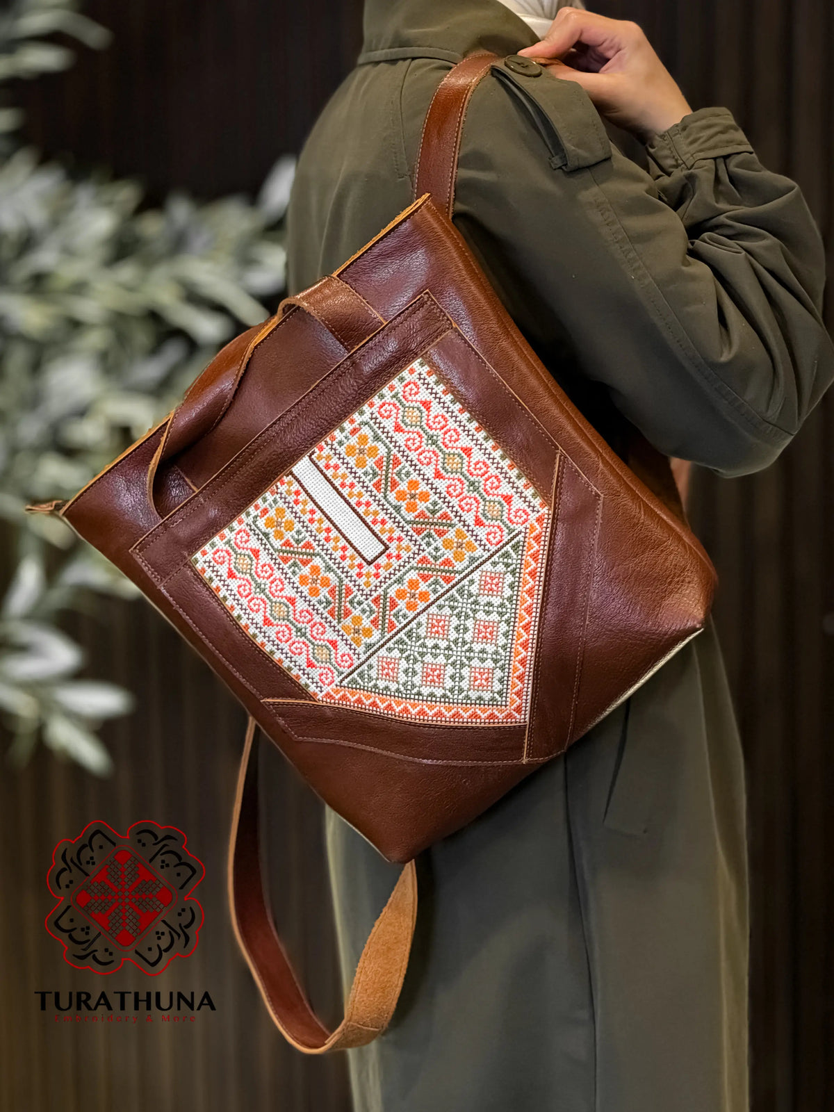 Honey Leather Embroidered Tote Bag