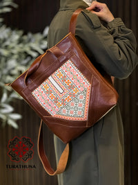 Honey Leather Embroidered Tote Bag