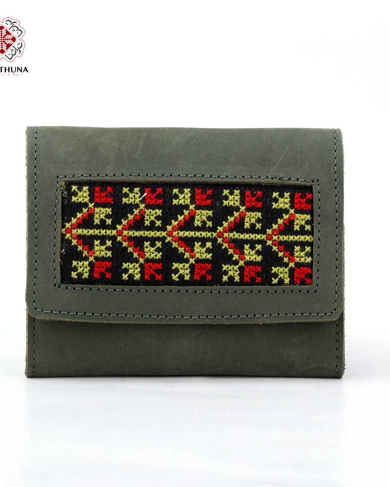 Green Leather Compact Wallet with Chartreuse & Red Chevron Tatreez