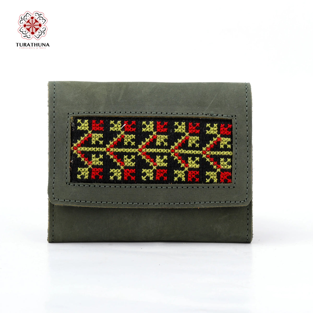 Green Leather Embroidered Compact Wallet