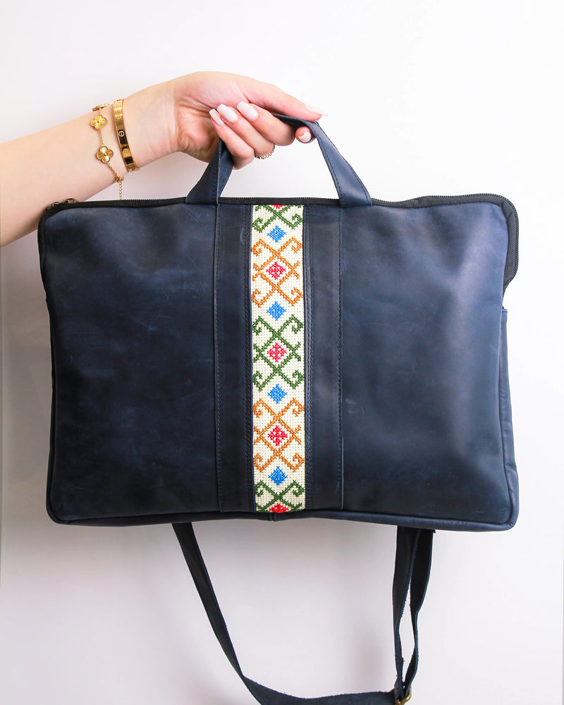 Navy Leather Tote Bag with Multicolor Chevron Diamond Tatreez