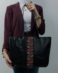 Black Leather Embroidered Shoulder Bag