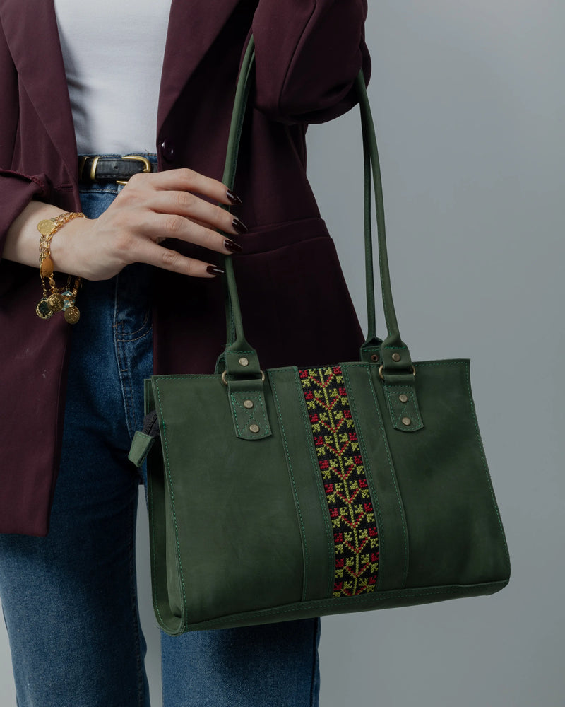 Green Leather Shoulder Bag with Red & Yellow Floral Band Tatreez