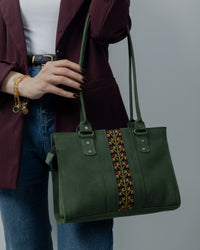 Green Leather Embroidered Shoulder Bag