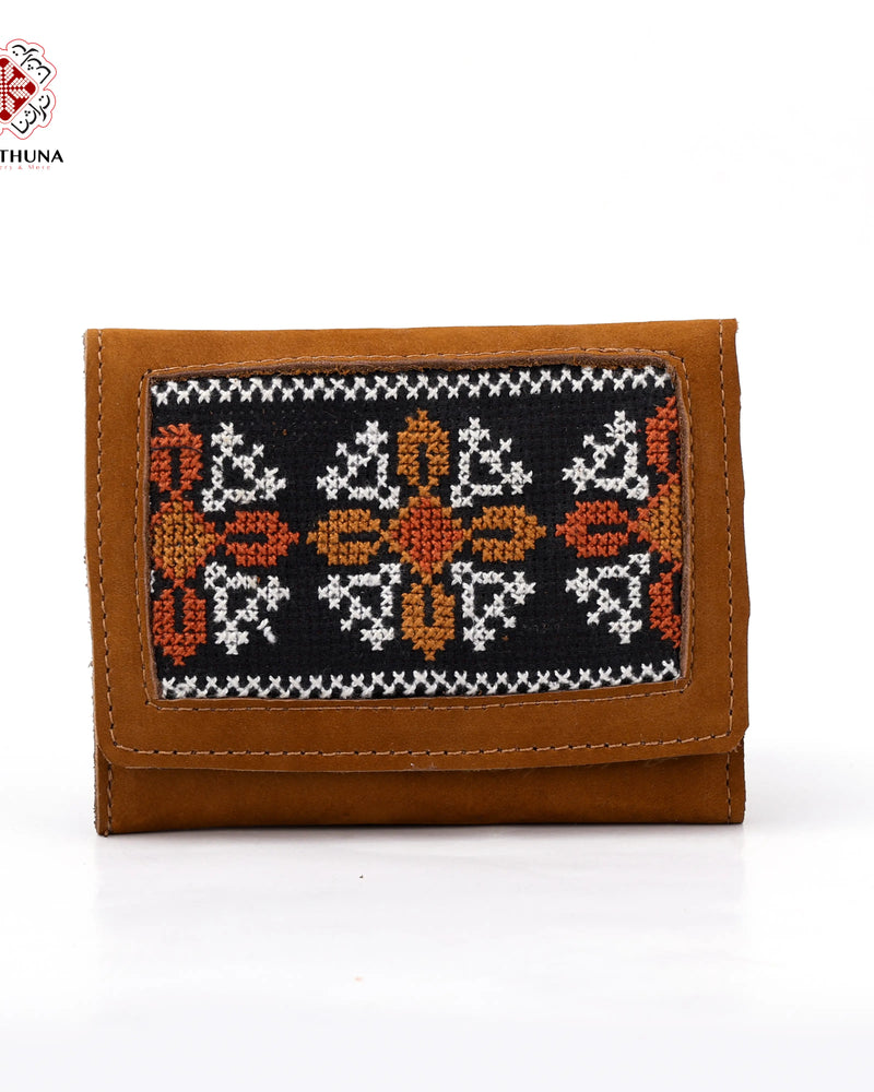 Honey Leather Compact Wallet with Orange & White Floral Bouquet Tatreez