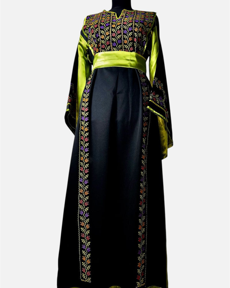 Layan – Black Tatreez Thobe with Lime Sash