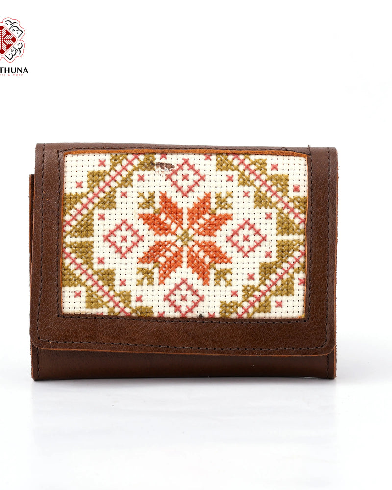 Honey Leather Compact Wallet with Orange Star & Olive Diamond Tatreez