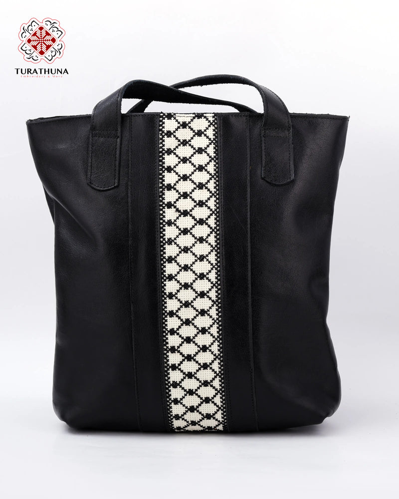 Black Leather Tote Bag with White Geometric Lattice Tatreez
