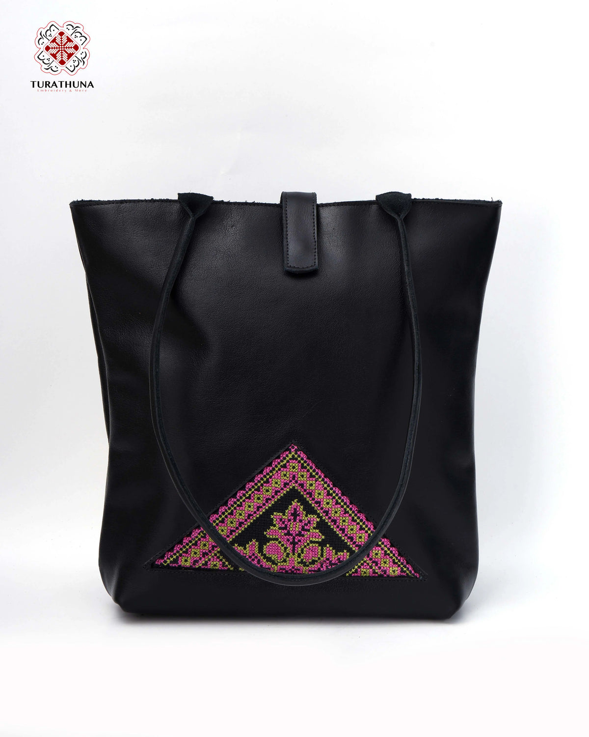 Black Leather Embroidered Shoulder Bag