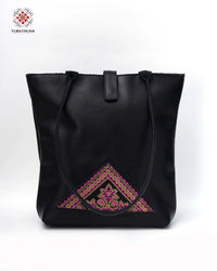 Black Leather Embroidered Shoulder Bag