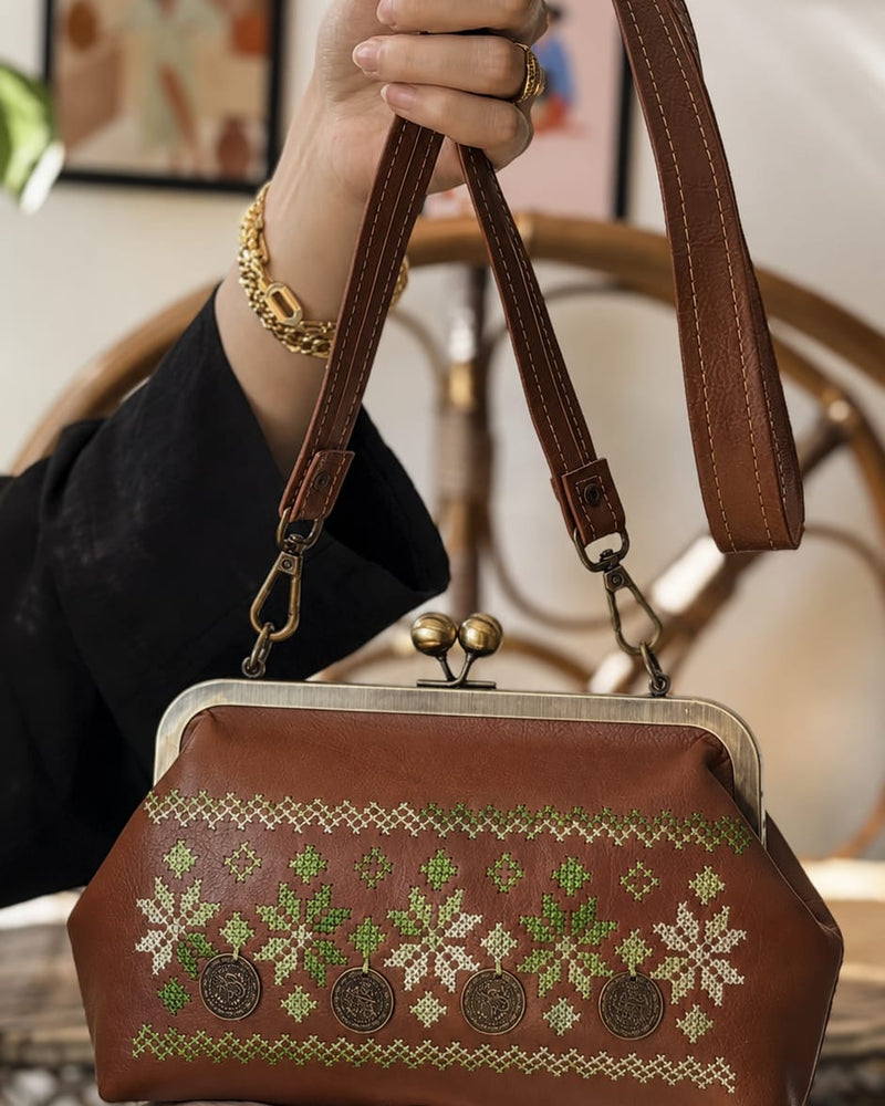 Ottoman Coin Tatreez Frame Bag in Chestnut Leather