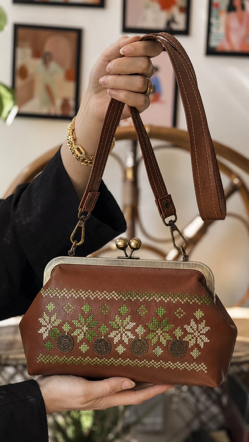 Ottoman Coin Tatreez Frame Bag in Chestnut Leather