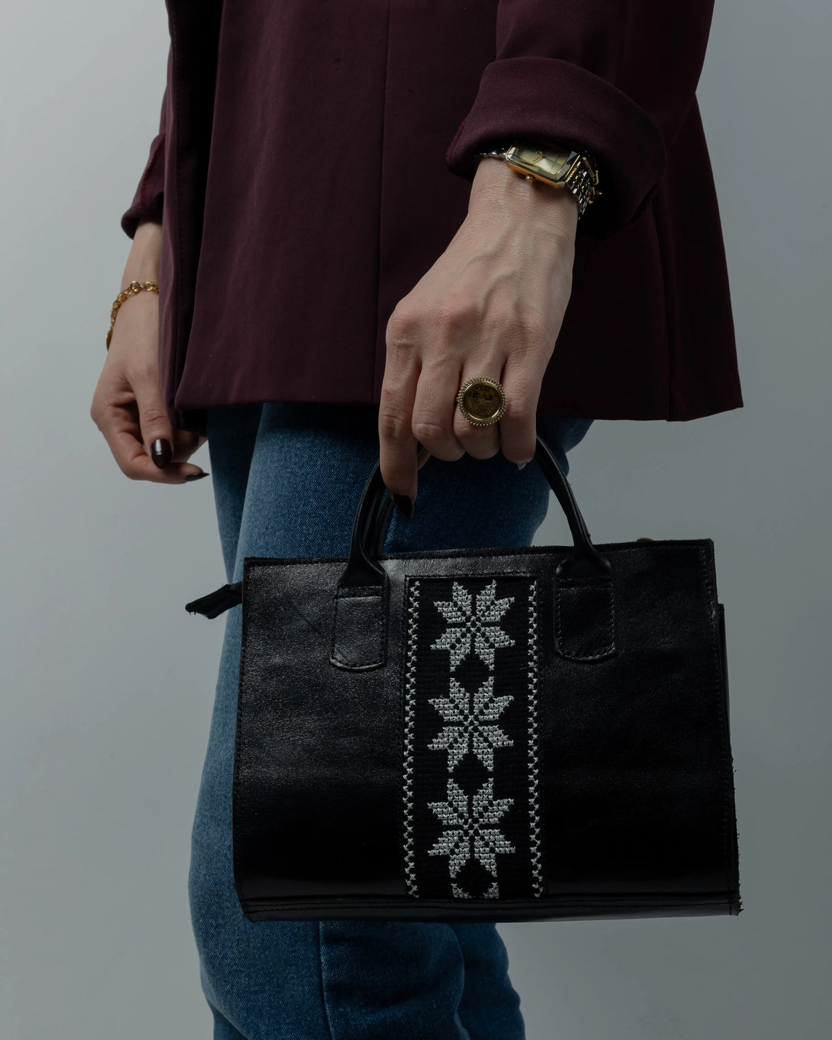 Black Leather Embroidered Crossbody Bag