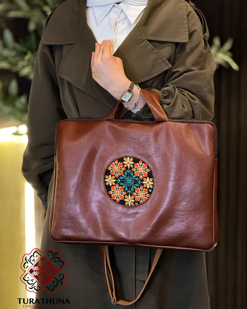 Cognac Leather Tote Bag with Orange & Teal Star Medallion Tatreez