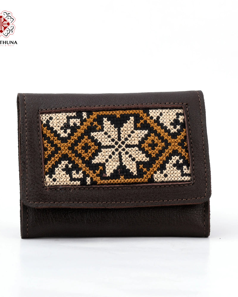 Brown Leather Compact Wallet with Cream & Amber Star Tatreez