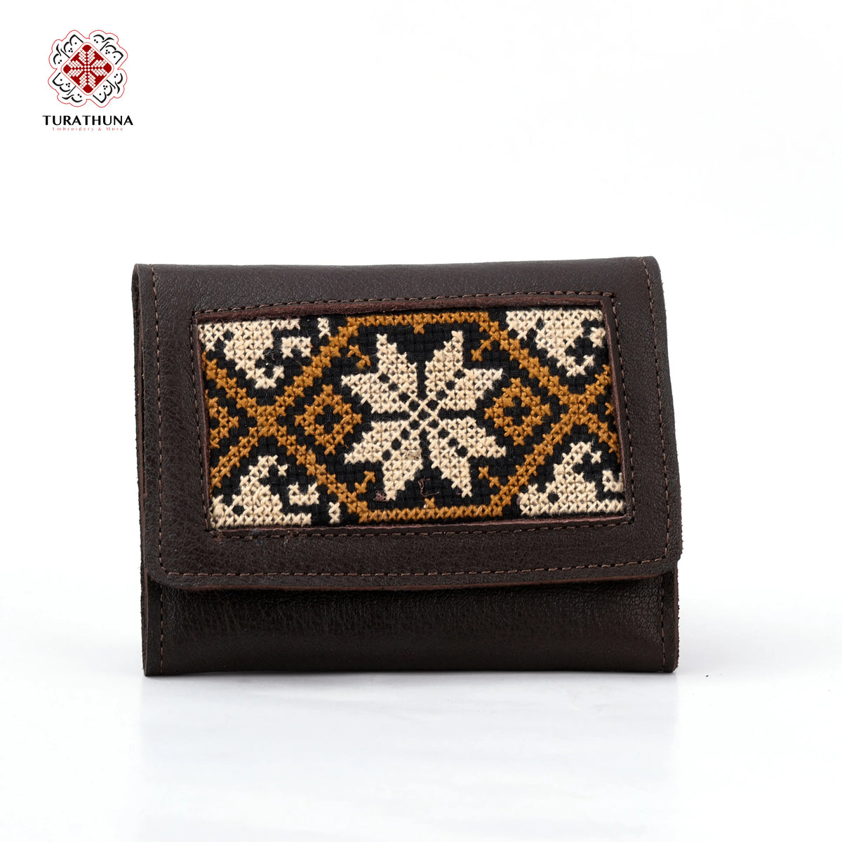 Brown Leather Embroidered Compact Wallet