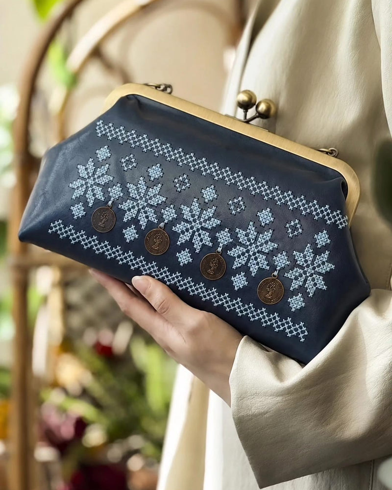 Ottoman Coin Tatreez Clutch in Deep Navy