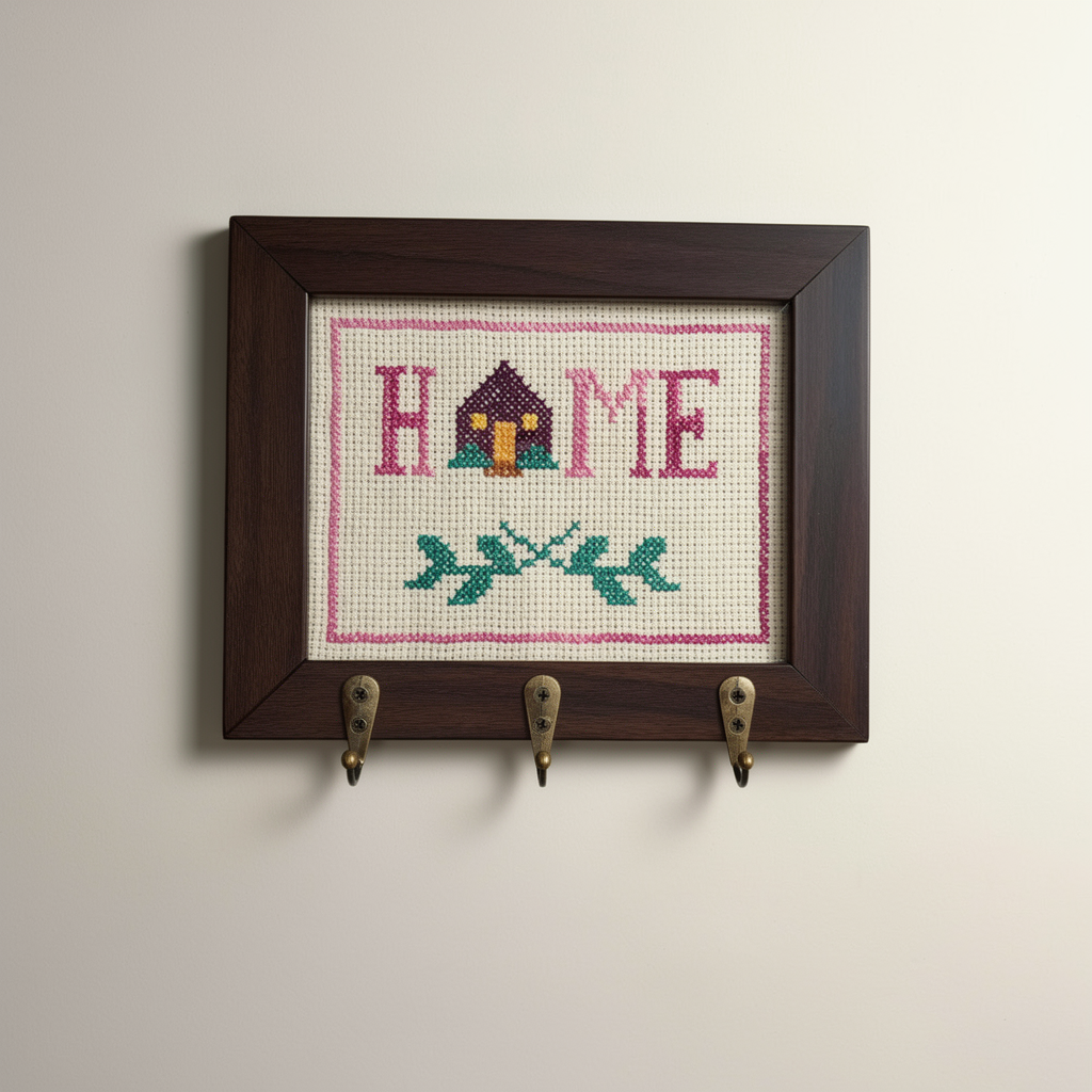 Home cross-stitch key holder with hooks