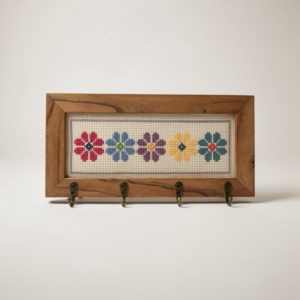 Floral cross-stitch key holder with hooks