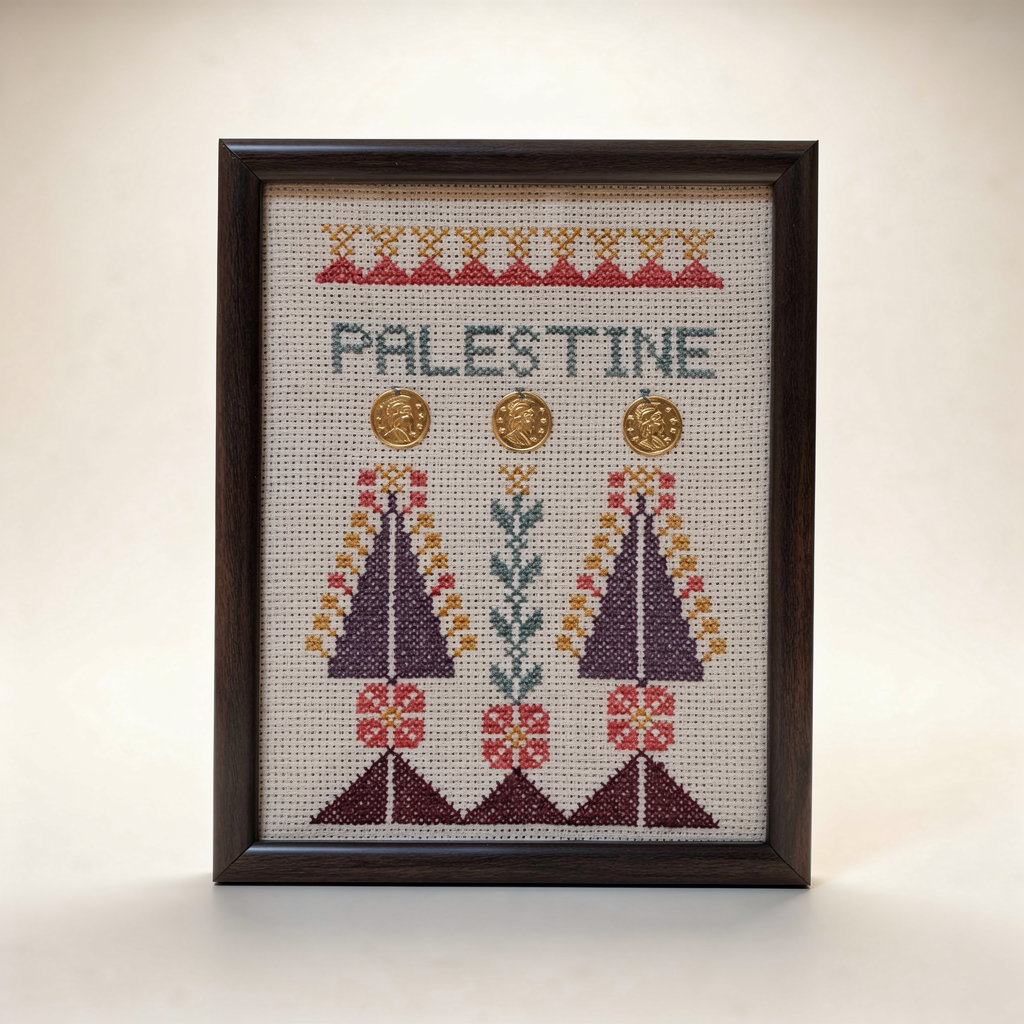 Palestine framed tatreez cross-stitch with figures and coins
