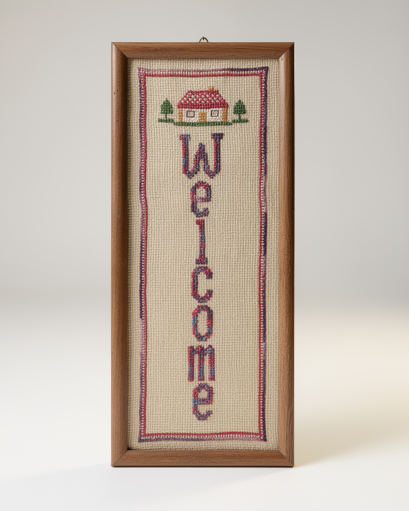 "Welcome" Cross-Stitch — Framed Vertical Wall Art