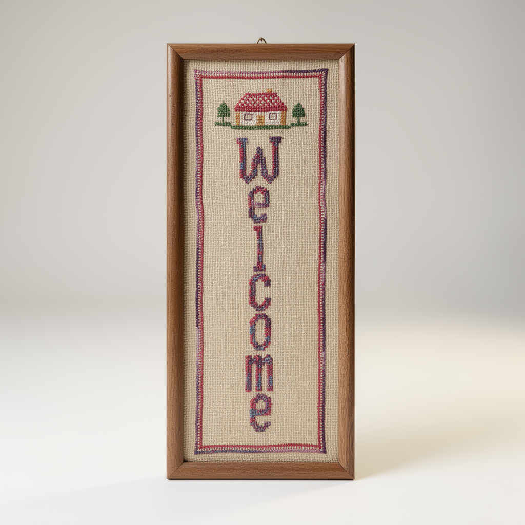 Welcome framed vertical cross-stitch panel