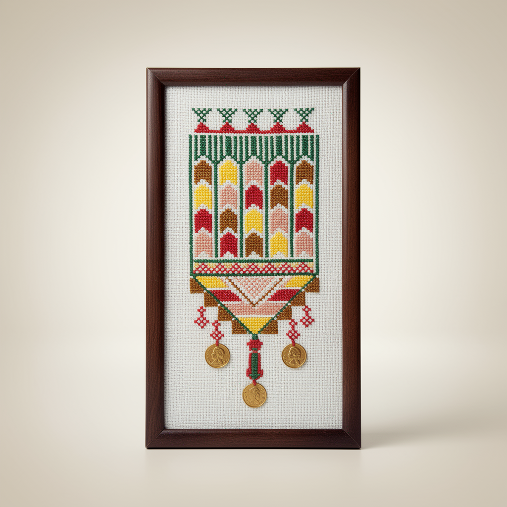 Framed tatreez wall hanging with coins and tassels