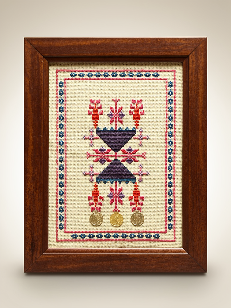 Framed Tatreez Sampler with Coins — Red & Navy