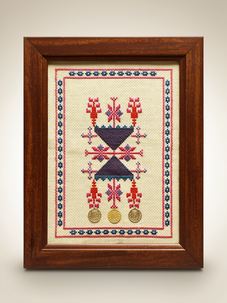 Framed Palestinian tatreez sampler with coins