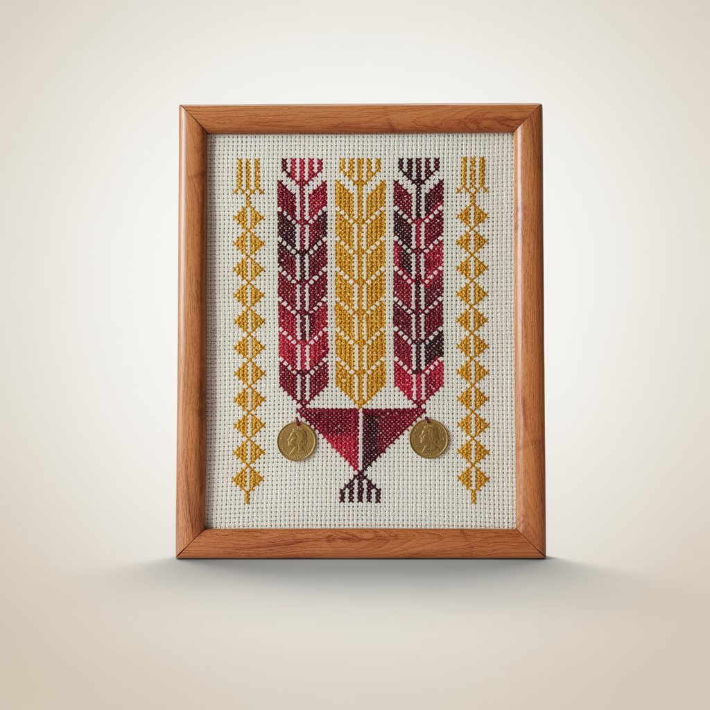 Framed golden wheat tatreez with coins