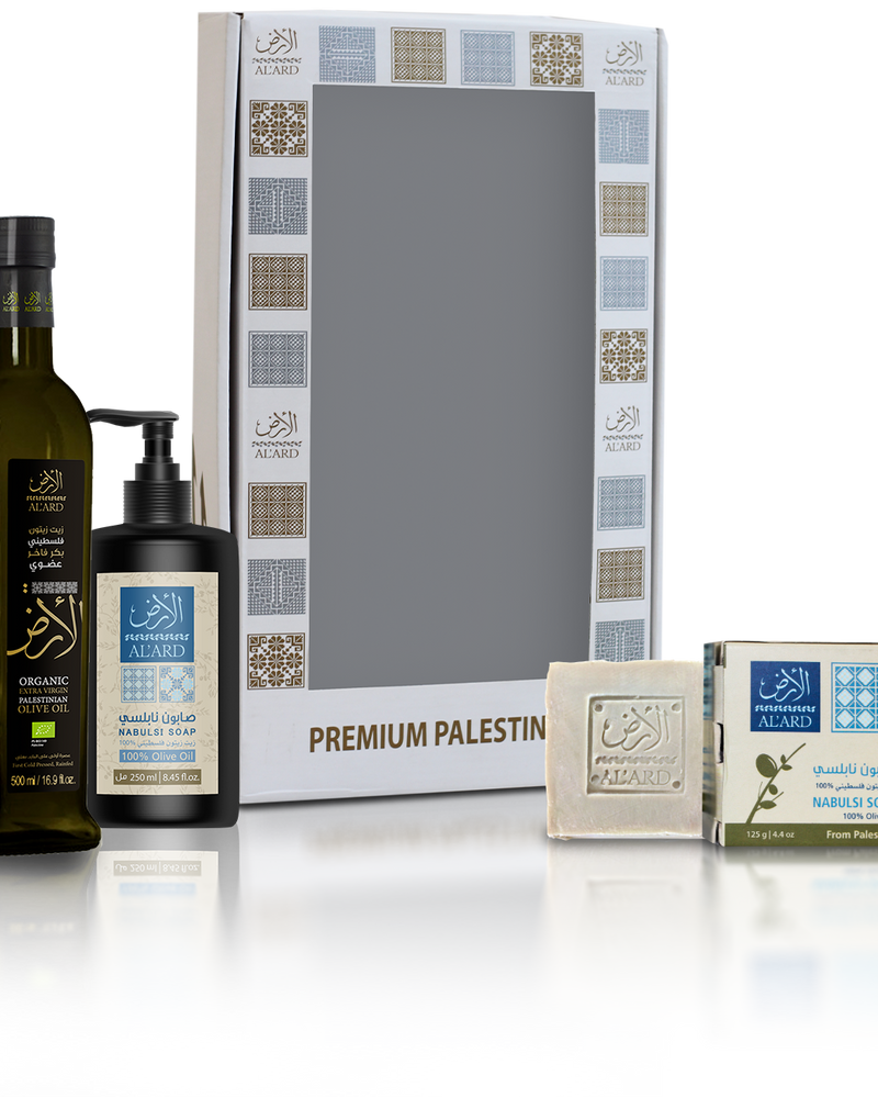 Gift Set ( 500ml Organic extra virgin olive oil , 250ml liquid Nabulsi soap, 125g Nabulsi soap bar)