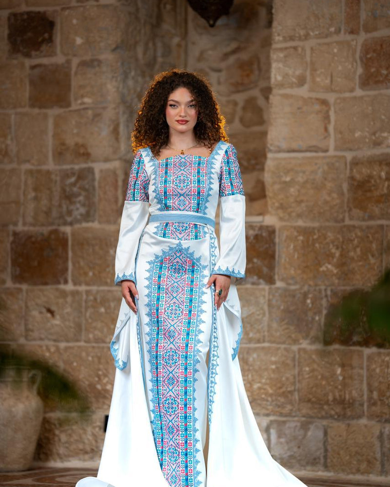 White & Turquoise Tatreez Gown