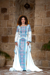 White & Turquoise Tatreez Gown