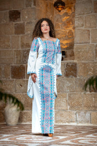 White & Turquoise Tatreez Gown