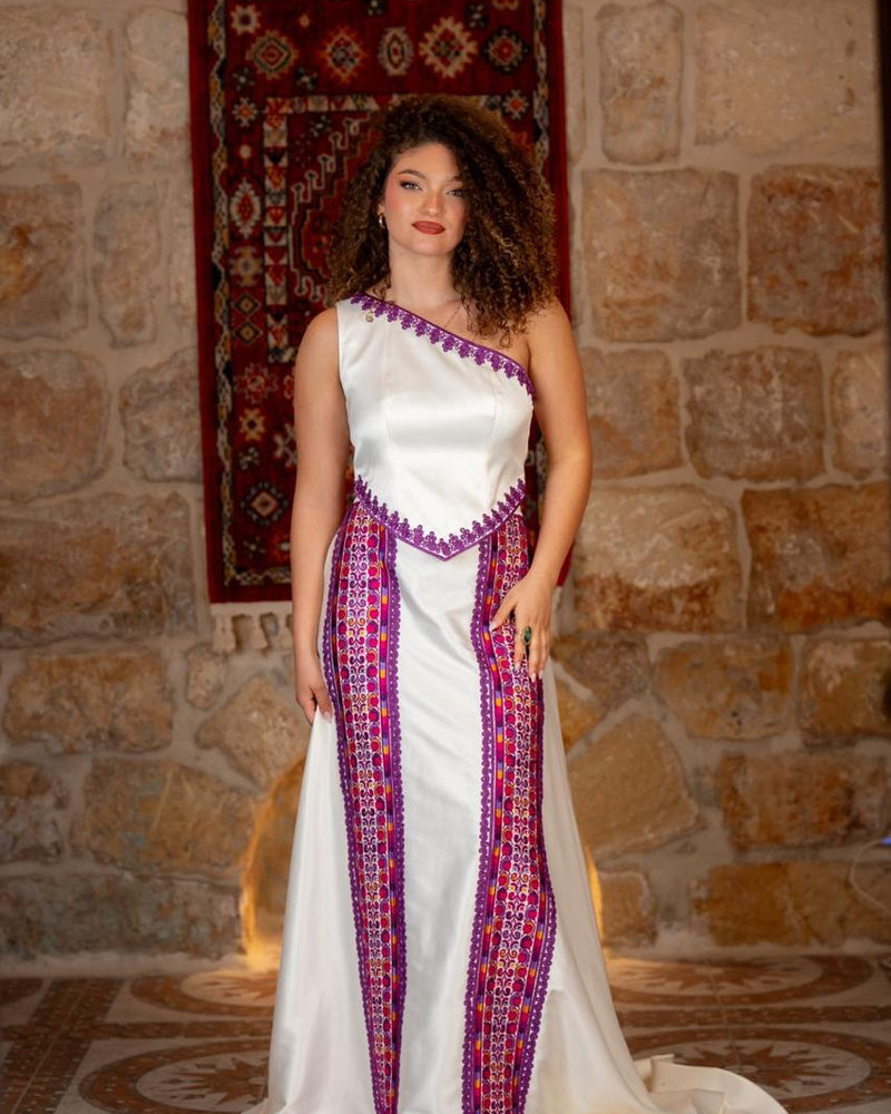 White One-Shoulder Tatreez Dress