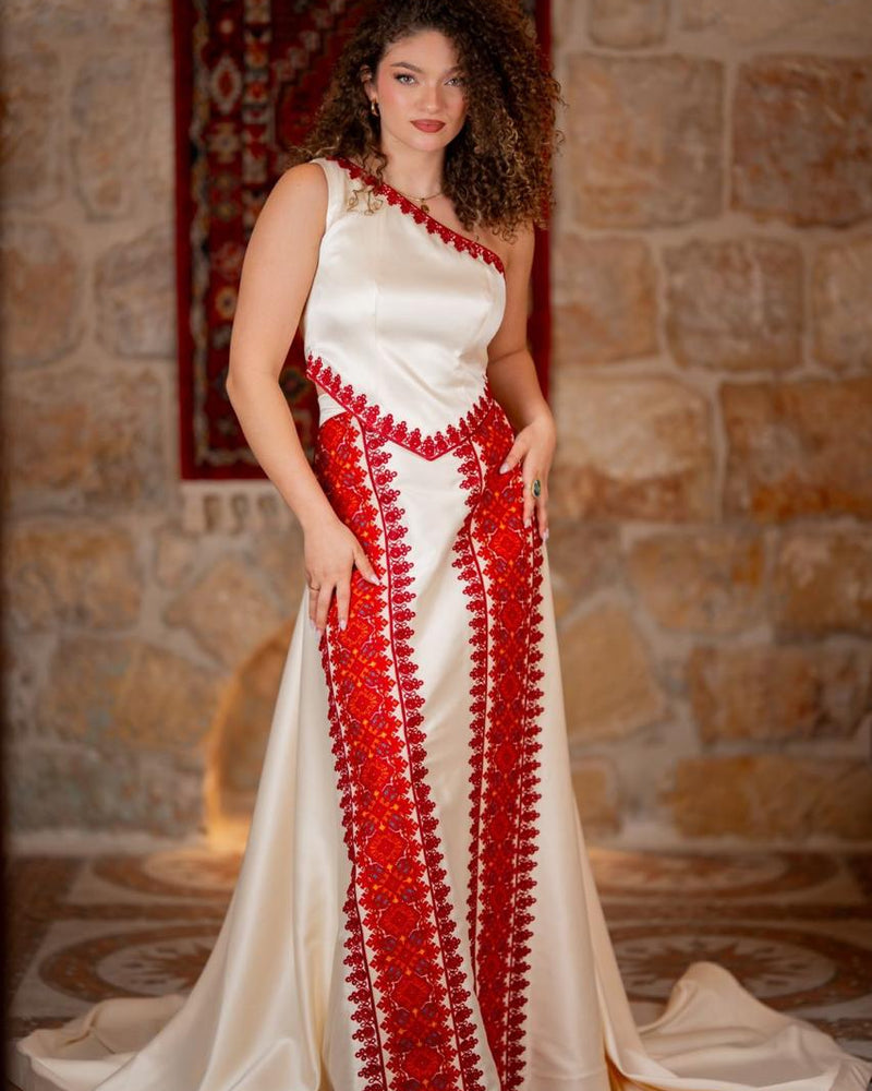 White One-Shoulder Tatreez Gown