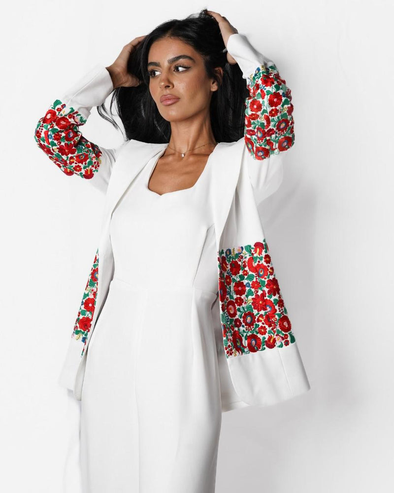 White Floral Blazer Set