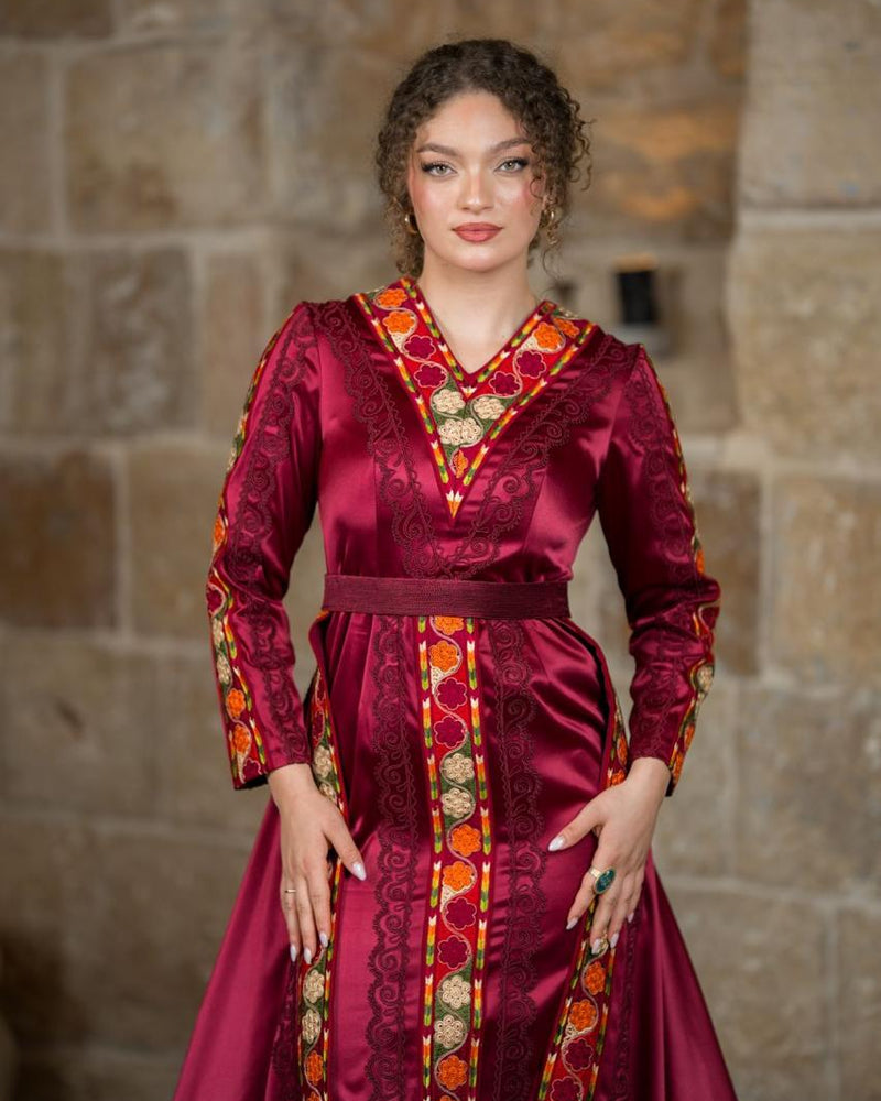 Burgundy Satin Tatreez Gown