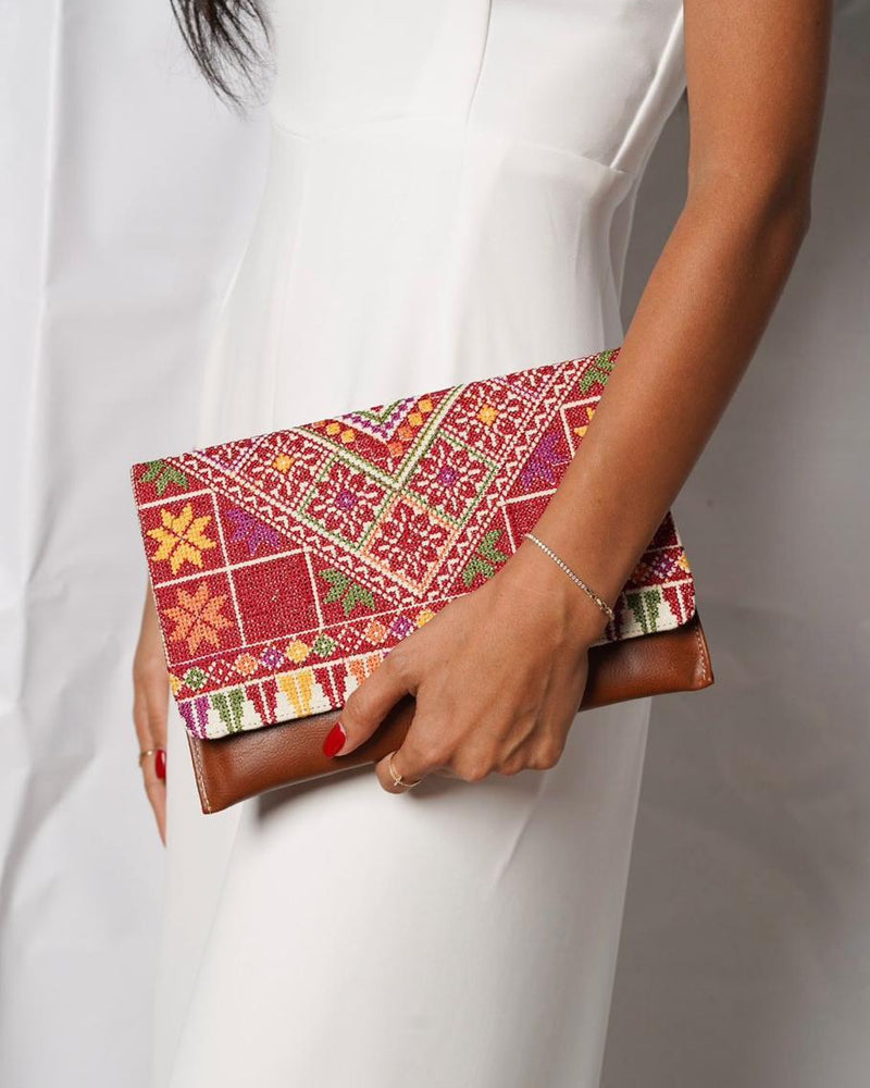 Tan Tatreez Envelope Clutch - Red & Multicolor