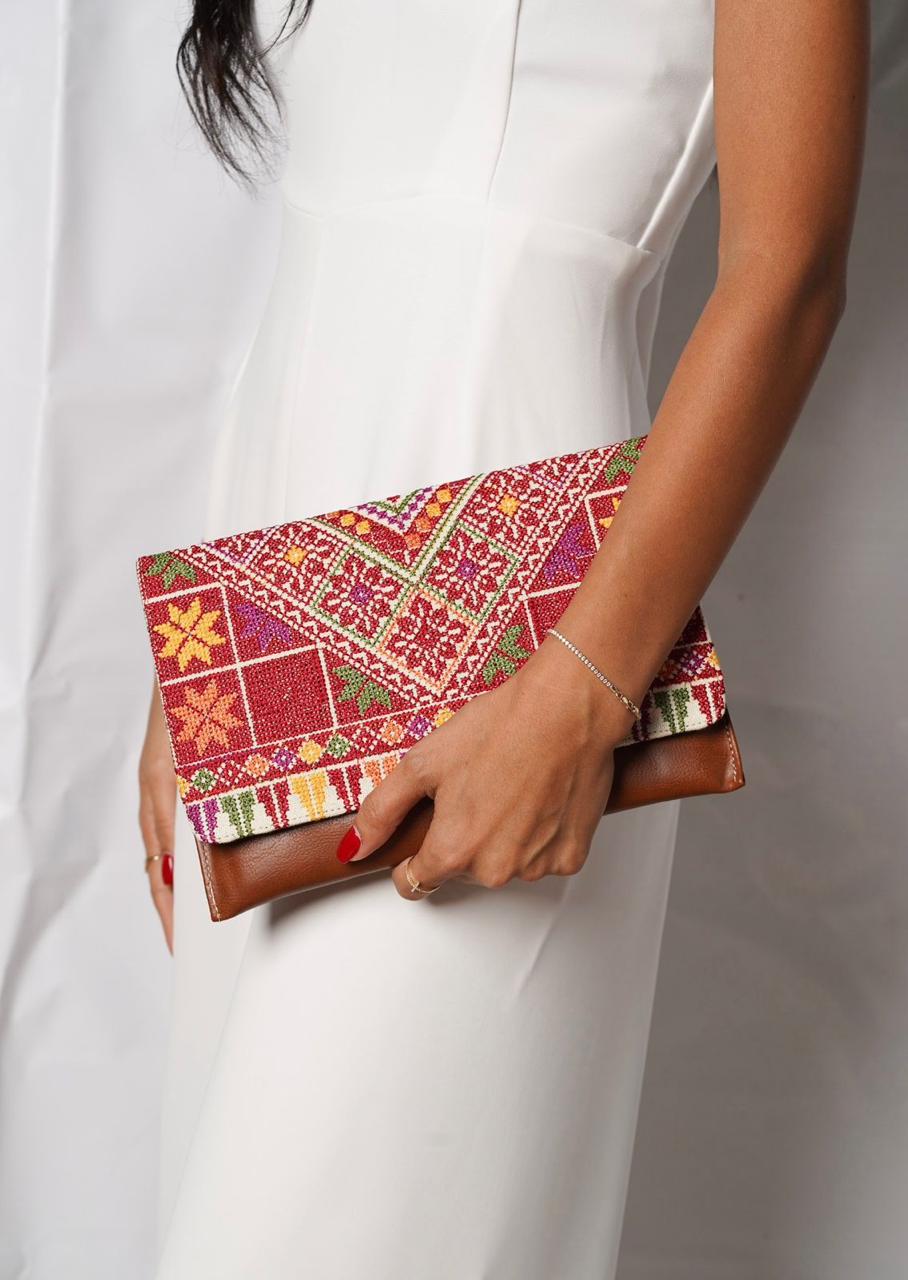 Tan Tatreez Envelope Clutch - Red & Multicolor