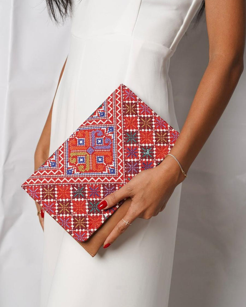 Tan Tatreez Envelope Clutch - Red & Blue