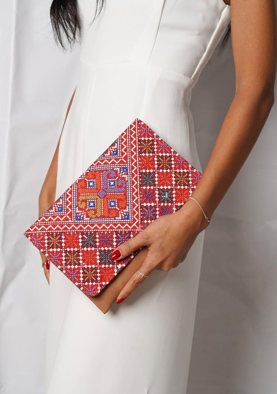 Tan Tatreez Envelope Clutch - Red & Blue