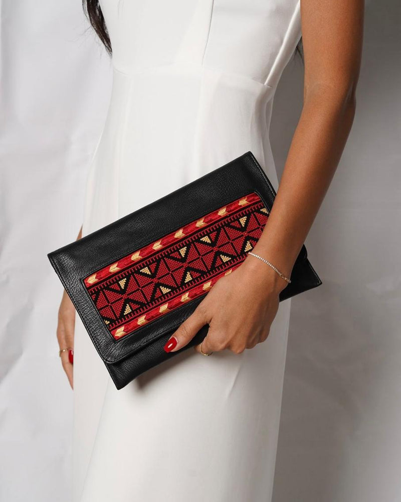 Black Tatreez Envelope Clutch - Red & Gold