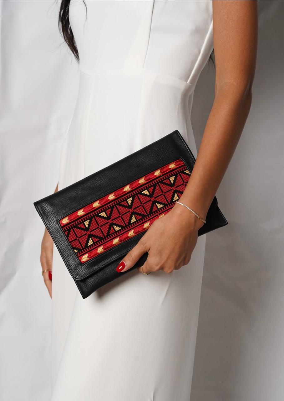 Black Tatreez Envelope Clutch - Red & Gold