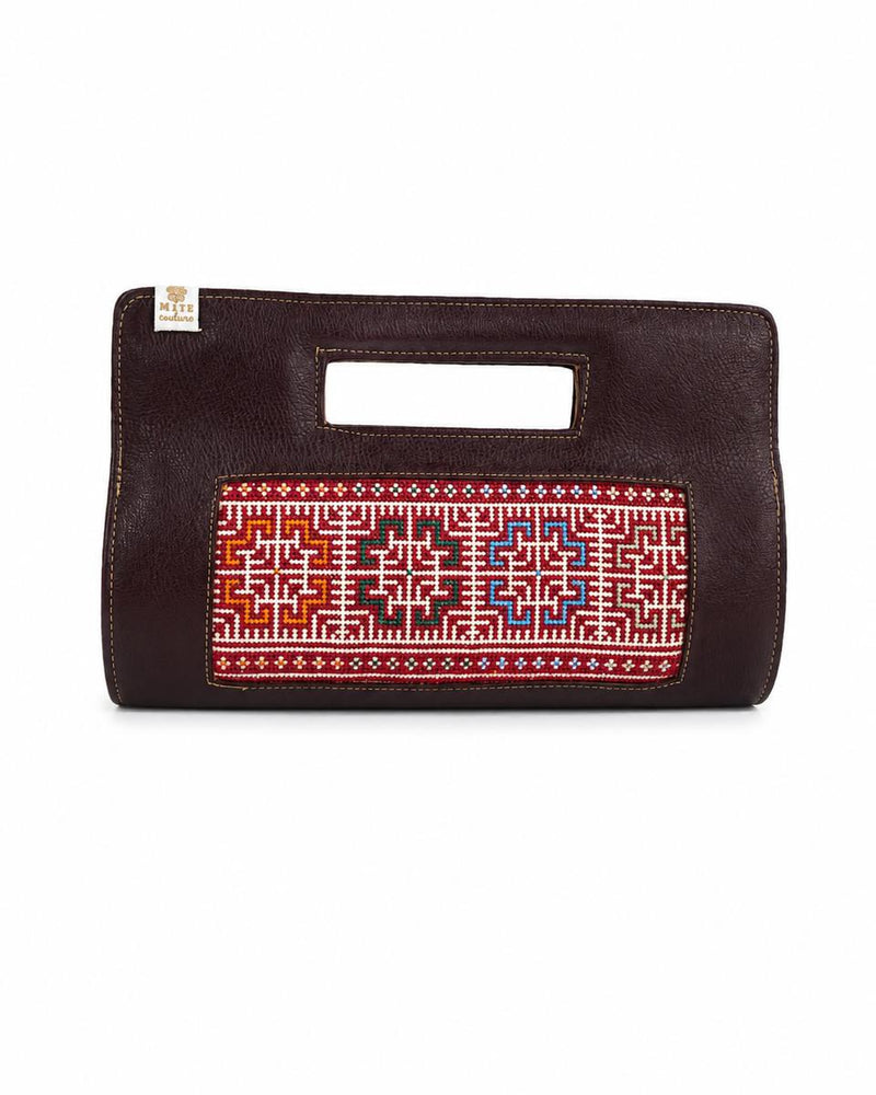 Dark Brown Leather Tatreez Clutch