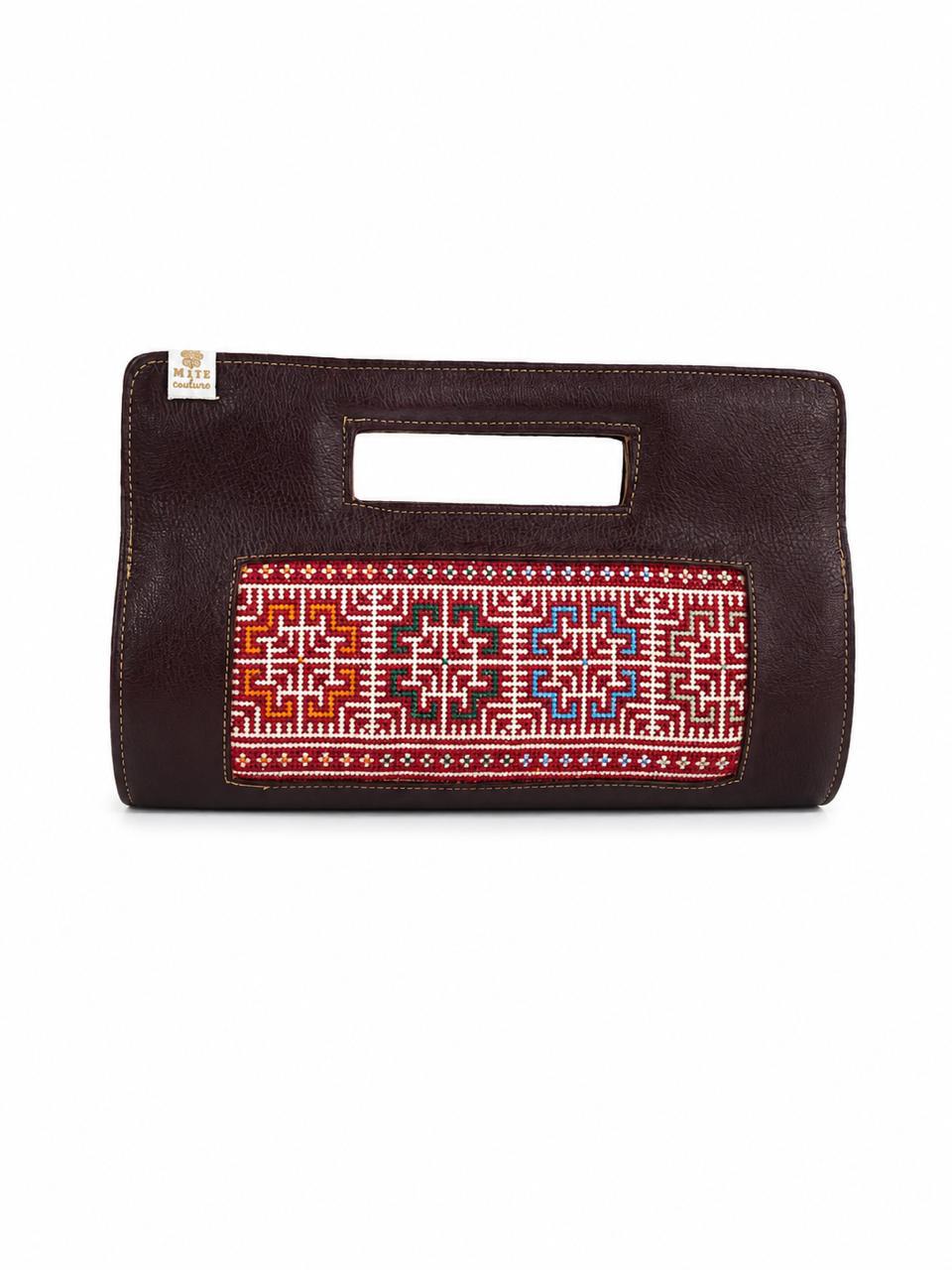 Dark Brown Leather Tatreez Clutch
