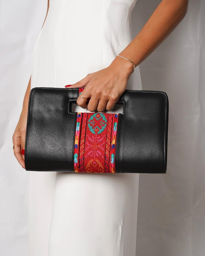 Black Tatreez Top-Handle Clutch